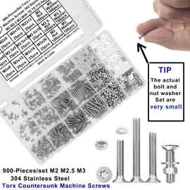 FandWay Pack of 900 M2 M2.5 M3 Torx Screws, Countersunk Screws with Torx Thread Screws Set Flat Head Screws Stainless Steel 304 Machine Screws Nuts and Washers Assortment Kit