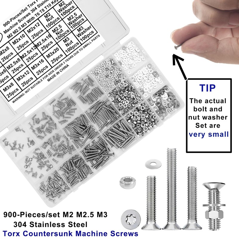 FandWay Pack of 900 M2 M2.5 M3 Torx Screws, Countersunk