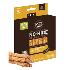 Earth Animal No-Hide Stix Peanut Butter Recipe Natural Rawhide Alternative Dog & Cat Chews | 20 Count Pack of 1
