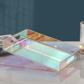 Singring Acrylic Makeup Tray Iridescent Organizer Box with Handles Rainbow Storage Colourful Decorative Tray for Vanity Drawer (11.8x7.6x1.9 inch)