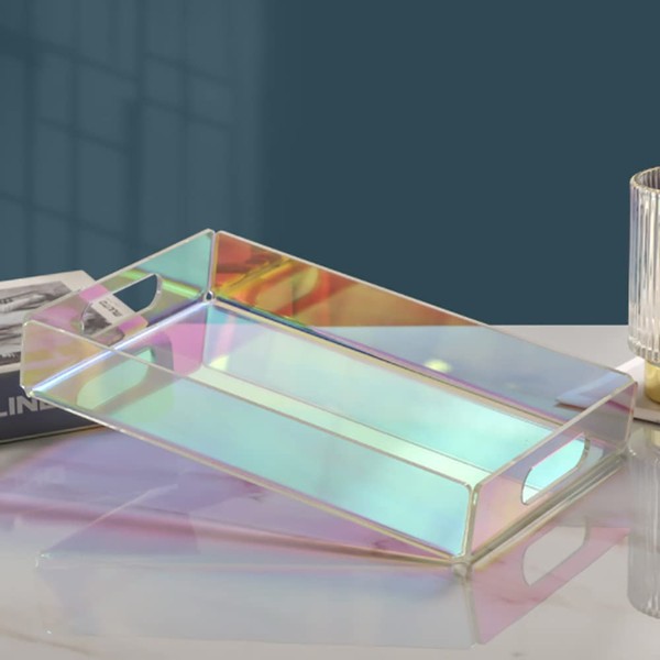 Singring Acrylic Makeup Tray Iridescent Organizer Box with Handles Rainbow