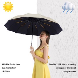 Wydexint Umbrella, Automatic Umbrella, Pocket Umbrella, Automatic Stormproof, Automatic Open and Close, 24 Thickened Double Keels, Extremely Robust, Umbrella for Men and Women, beige