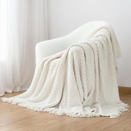 LONG CREATE Throw Blanket for Couch, White Luxury Knitted Throws 60"x80", Textured Blankets with Handmade Fringe Tassels for Bed Sofa Decorative, Chunky Soft Farmhouse Boho Home Decor