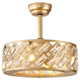 CATINER Crystal Caged Ceiling Fan with Light – 18" Bladeless Enclosed Low Profile Ceiling Fan with Remote, 6 Speeds, Reversible Quiet Motor, Gold Modern Flush Mount for Bedroom Kitchen