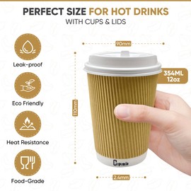 Cupsado - 50 x 12oz Cups + Lids - Ripple Wall Disposable Coffee Cups Includes Leak Proof Lids – 3 Ply Insulated Triple Wall Kraft Paper Cups for Hot Liquids – Best Takeaway Cups (12 oz)