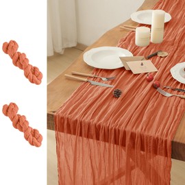 Leetaltree 2 Pack Orange Boho Rustic Cheesecloth Table Runner, 35x120 Inch, Decorative Table Runners for Bridal, Baby Shower, Wedding Table Decorations