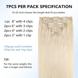 COOKAYU Real Human Hair Clip in Hair Extensions, Remy Hair Clip in Hair Extensions, Platinum Blonde Hair Thick Silky Straight Real Human Hair, 22inch 120g 7Pcs