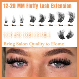 Fluffy Lash Clusters D Curl Thick Volume Eyelash Clusters 12-20 MM Cluster Eyelash Extensions with Bottom Lashes Wispy DIY Lash Extensions Wide Band Cluster Lashes Quick Wear by Delyneph(150D)