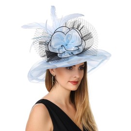Women's Organza Church British Fascinator Bridal Tea Party Wedding Hat Summer Ruffles Cap(Hj-Light Blue Black)