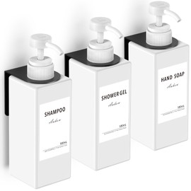 Anhow Shampoo and Conditioner Dispenser Set of 3, Shampoo Conditioner Body Wash Dispenser for Shower Wall Mount 17oz Refillable Soap Dispenser No Drill with Labels for Kitchen Bathroom, White