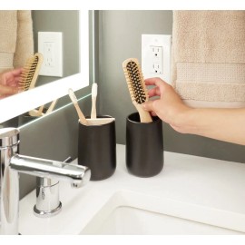 InterDesign Matte Black Toothbrush Holder Ceramic Organizer with Natural Wood Dividers