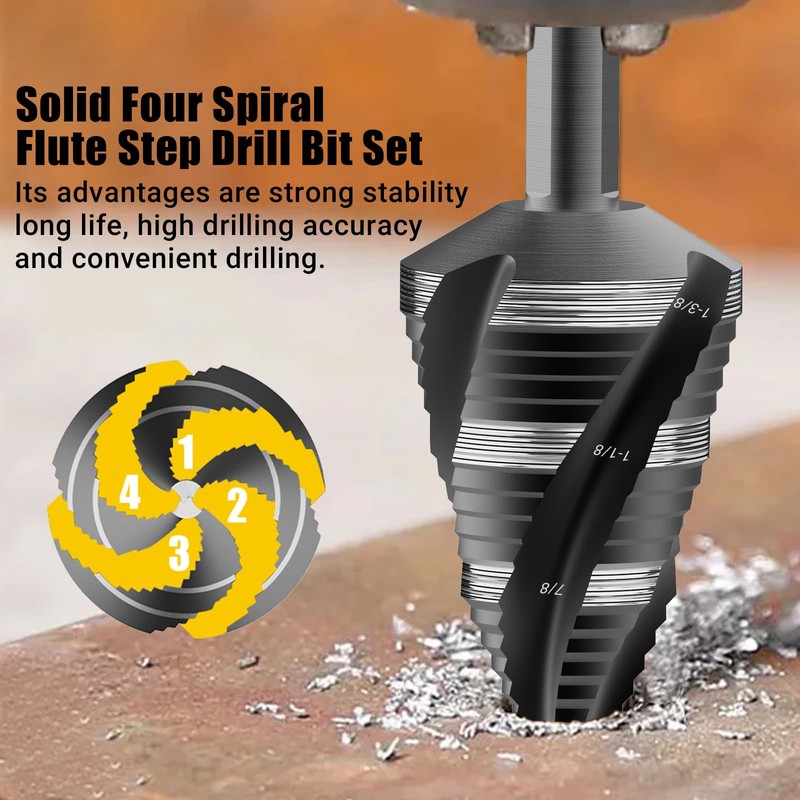 KAKILFOB Four Spiral Flute Step Drill Bit, HSS Step Drill