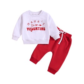 Xeadoffubio 2Pcs Toddler Boy Valentine 's Day Outfit Mama's Little Valentine Crewneck Long Sleeve Sweatshirt Heart Print Long Pants Outfit Heart Print Long Pants Set (White4, 2-3 Years)