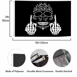 Swono Skull Flag Banner Skeleton Middle Finger Up Black Flag 3x5 FT Big Flag Outdoor Indoor Office with Brass Grommets