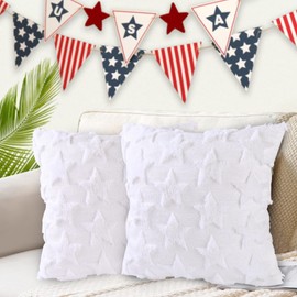 Heirloom Haven 4th of July Throw Pillow Covers Set of 2, White Color Stars Soft Plush Faux Fur Jacquard Independence Day Decor Holiday Farmhouse Cushion Case Decoration for Sofa Couch 18 x 18 Inch
