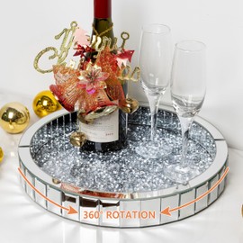 Blingworld 14" Mirrored Tray with Lazy Susan, Easy Access, Super Gorgeous Round Tray with Crushed Diamond Silver Finish - Perfume Organizer & Jewelry for Dresser