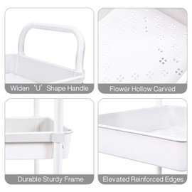 TOOLF 3-Tier Storage Rolling Cart, Kitchen Utility Cart with Wheels, Plastic Organizer Cart Rolling Trolley Shelving Unit, Storage Rack for Kitchen, Bathroom, Living Room