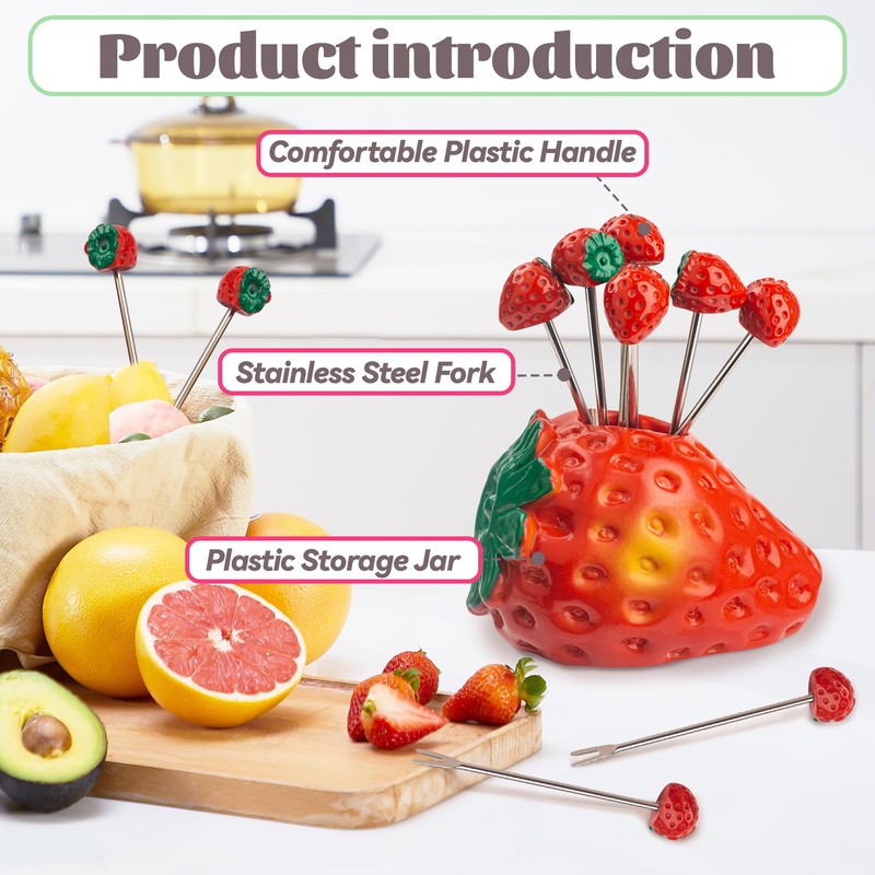 Set of 10 Strawberry Stainless Steel Fruit Forks and 1