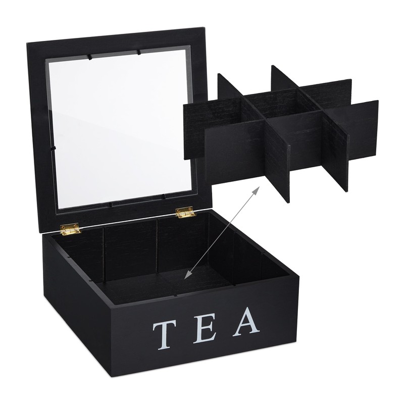 Relaxdays Tea Box, 9 Compartments, Tea Bag Storage, MDF, Acrylic,