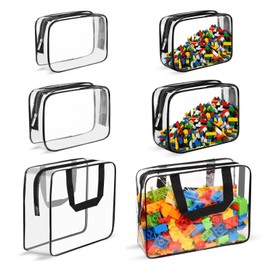 Huakaile 6 Pack Clear Travel Pouch Set, 3 Sizes Waterproof Toiletry Bag with Woven Handles, PVC Board Game Storage for Puzzle Blocks Stuffed Animal Doll Makeup Book Organization (6)