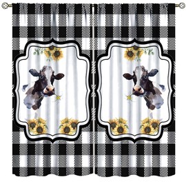 Farmhouse Cow Blackout Curtains, Sunflower Farm Animal Cow Black and White Buffalo Plaid Home Decor, for Bedroom Living Room, 2 Panel Set, 42x45 in.