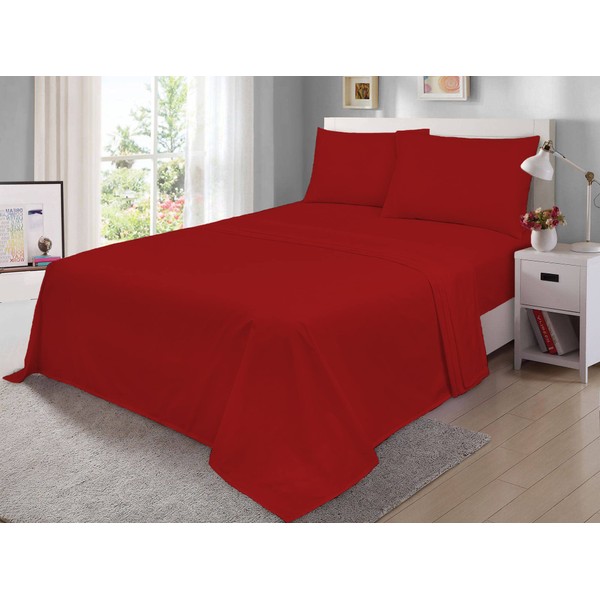 100% Egyptian Cotton Flat Sheet 200 Thread Count Hotel Quality Soft & Crisp Cotton Caravan Campervan Bed Flat Sheet (Red, King)