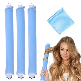 Pack of 3 Heat-Free Hair Rollers, Hair Noodle, Hair Curls Overnight Curls with Hooks, Heatless Curls Large Curls (Blue, L)