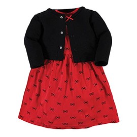 Hudson Baby Baby Girls' Quilted Cardigan and Dress, Red Black Bows, 6-9 Months
