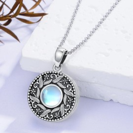 enjoylifecreative Moonstone Locket Necklace for Women 925 Sterling Silver Vintage Flower Picture Locket Floral Moonstone Photo Locket Pendant Jewellery Gifts for Mum Daughter Wife