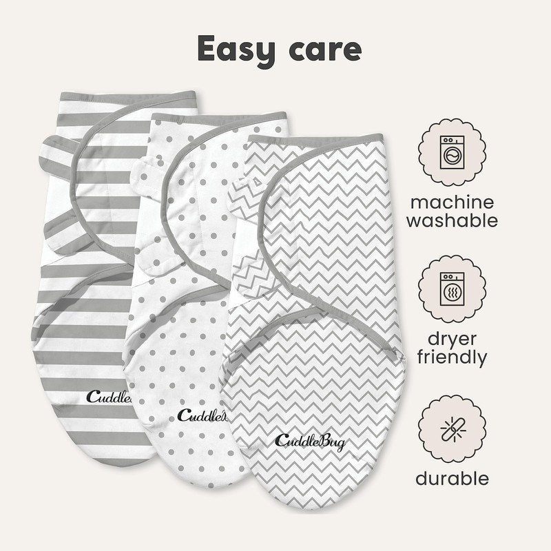 CuddleBug Swaddles for Newborns (3-Pack) - 100% Cotton Velcro Baby