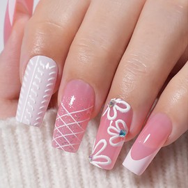 30pcs Press on Nails French Tip - False Nails with Glue - Medium Coffin Stick on nails for Women - Pink White Fake Nails French Tip - nail Art Decoration Glue on nails Long Lasting