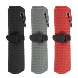 PATIKIL 16"x16" Microfiber Golf Towel, 3 Pack Tri-Fold Golf Towels Waffle Pattern Towels Absorption with D Clip, Hook and Loop Fastener, Black/Gray/Red