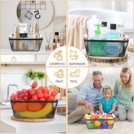 6Pack Black Wire Basket with Wooden Handle,Storage Bins for Pantry,Metal Mesh Basket for Kitchen Organization,Snack Basket Organizer for Home Cabinet Closet Bathroom Fridge Fruit Makeup and Office