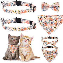 2 Pieces/Sets Cat Collars with Bells, Removable Bow Tie, Bandana, 2 Pet Collars + 1 Dog Collar + 1 Bow, Kitten Collar, Cat Bandana, Dog Bow Tie (Pink Bandana + Pink Bow Tie)