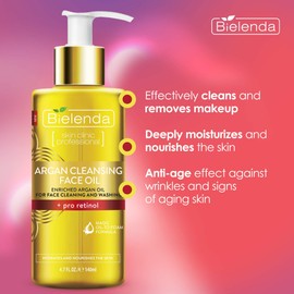 Bielenda Argan Face Oil - Essential Face Treatment Cleans Removes Makeup Deeply Moisturizes And Nourishes The Skin - Anti-Aging Effect Against Wrinkles - Argan Cleansing Face Oil With Pro-Retinol - 140 ml