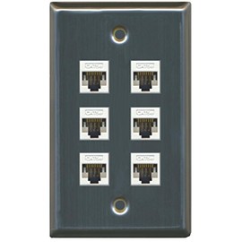 RiteAV 1 Gang 6 Port Cat5e Ethernet Wall Plate - Stainless Steel