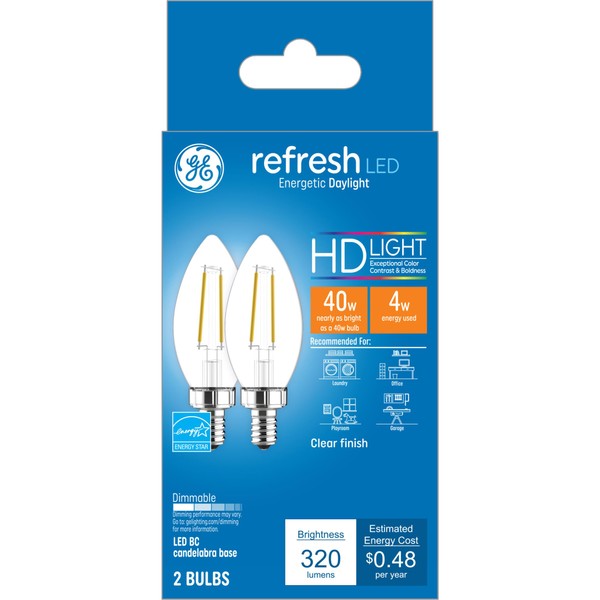 GE Refresh LED Light Bulbs, Candle Lights, 40 Watts, Daylight Clear Decorative B11 Bulbs, Small Base (8 Pack)
