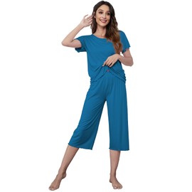 QUALFORT Women's Pajamas Set Short Sleeve/Sleeveless Sleepwear Soft Tank Top Pjs Capri Pants Pajama Sets Turquoise Large