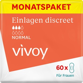 Vivoy Discreet Normal - 60 pads in a monthly pack (6 x 10 pieces) - for moderate bladder weakness and incontinence - hygiene pads for women individually packed (normal)