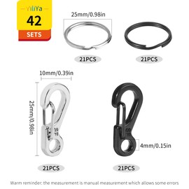 Set of 84 Mini Carabiners, 42 Carabiner Keyrings, Mini SF Carabiner Hook, Key Ring Hook with 42 Key Rings for Camping, Travel, Hiking (Black/Silver)