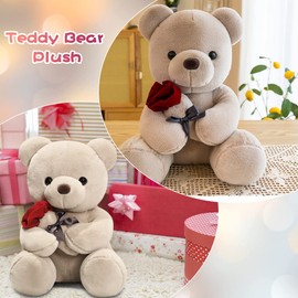 Teddy Bear, Plush Bear, Teddy with Rose, 23 cm Teddy Bears, Rose Stuffed Toy, Decorative Room Cushion, Plush Toy, Cuddly Toy, Cuddly Toy, Gifts for Mum, Children, Girls, Birthday, Valentine's Day
