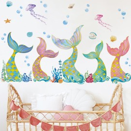 Runtoo Mermaid Tail Wall Decals for Girls Bedroom Under The Sea Ocean Wall Stickers Bathroom Baby Nursery Kids Room Wall Decor