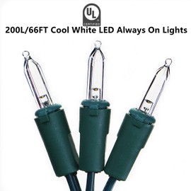 200 LED Cool White Christmas Lights, 66 Ft Green Wire String Lights, UL Certified and Commercial Grade New Always On Light, for Indoor Outdoor Party, Wedding, Garden, Patio.