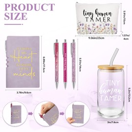 Domensi 6 Pcs Tiny Humans Tamer Teacher Appreciation Gift Christmas Thank You Gifts for Teachers Preschool Daycare Kindergarten 16oz Glass Can Cup with Straw Journal Ballpoint Pen Makeup Bag(Purple)