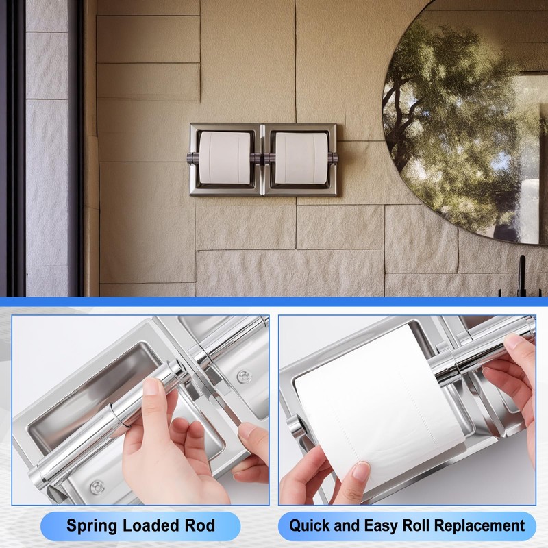 Recessed Toilet Paper Holder, Double Roll Wall Mounted Toilet Tissue