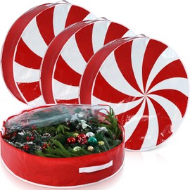 Yoojahow 4 Pcs 30 Inch Christmas Wreath Storage Bag Wreath Storage Container Clear Window Dual Zipper Handle PVC Red White Garland Organizer Box for Thanksgiving Holiday Seasonal, Cute Lollipop