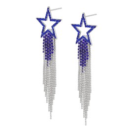 EVER FAITH Bling shining Star Tassel Earrings for Women Girls, Rhinestone Crystal Long Waterfall Beaded Fringe Chandelier Dangle Drop Statement Earrings Wedding Party Jewelry Navy Blue Silver-Tone