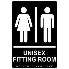 ComplianceSigns.com Unisex Fitting Room Sign, ADA-Compliant Braille and Raised Letters, 9x6 in. Black Acrylic Plastic with Adhesive Mounting Strips