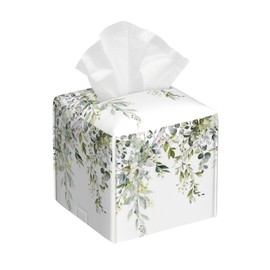 Watercolor Floral Leaves Tissue Box Holder,Square Leather Tissue Box Cover with Bottom Belt,Waterproof Modern Napkin Holder Organizer for Car Bathroom Nightstand Vanity Tabletop,5.2" x 5.2" x 5.2"