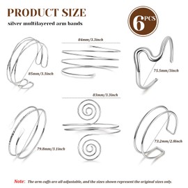 CharmBurst 6 Piece Silver Bangles for Women, Adjustable Upper Arm Bracelets, Open Bangle Bracelets, Spiral Bracelet Set, Boho Bracelets, Upper Arm Bangle